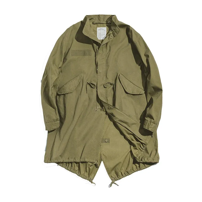 -Women's Green Trench Coat, Large Size, Loose M65 Parka, Fishtail Jacket,Long Outerwears, Autumn Fashion