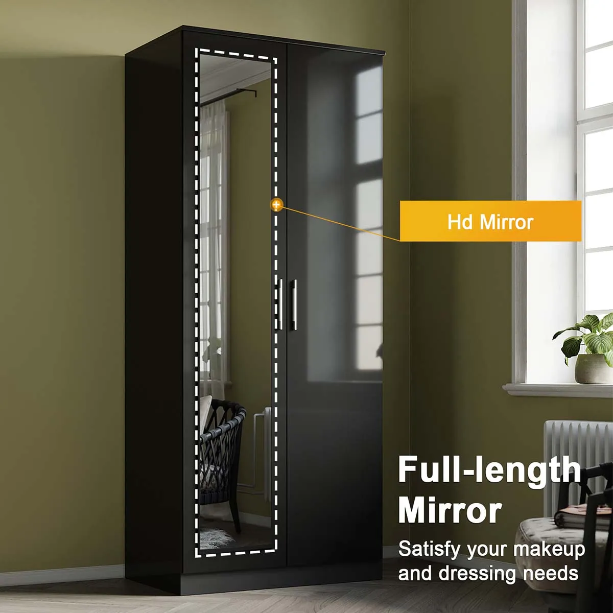 2 Door Wardrobe With Mirror High Gloss Large Storage Cupboard Furniture