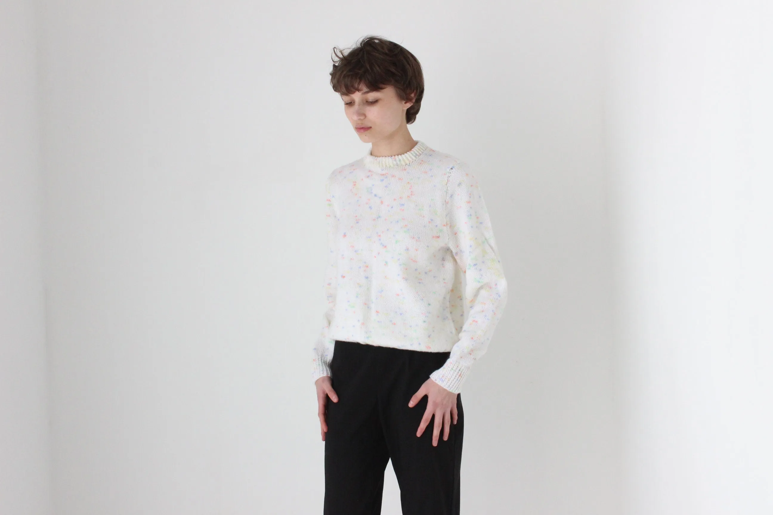 80s Hand Knit White 'Confetti' Speckle Sweater