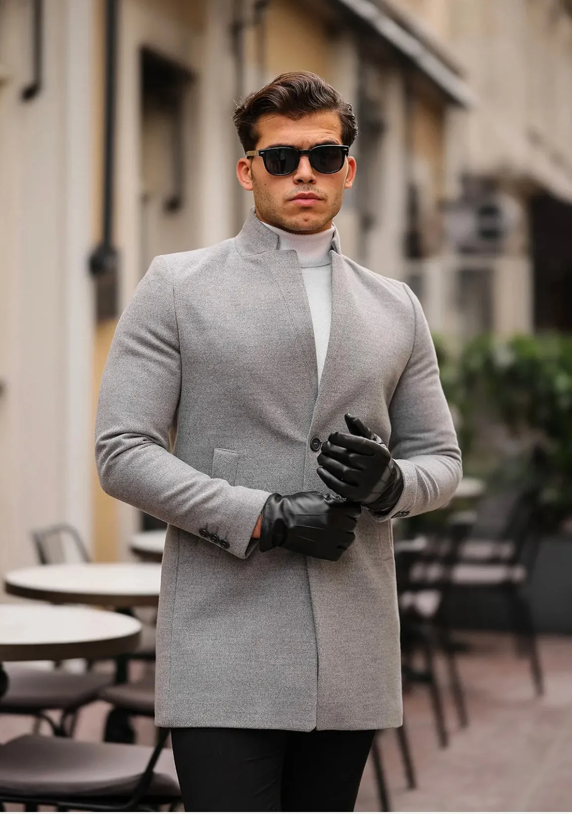 [Adam] Light Grey Single-Breasted Pea Coat 100% Wool