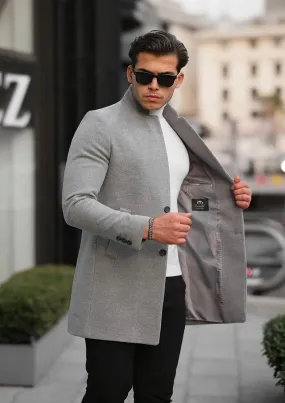 [Adam] Light Grey Single-Breasted Pea Coat 100% Wool