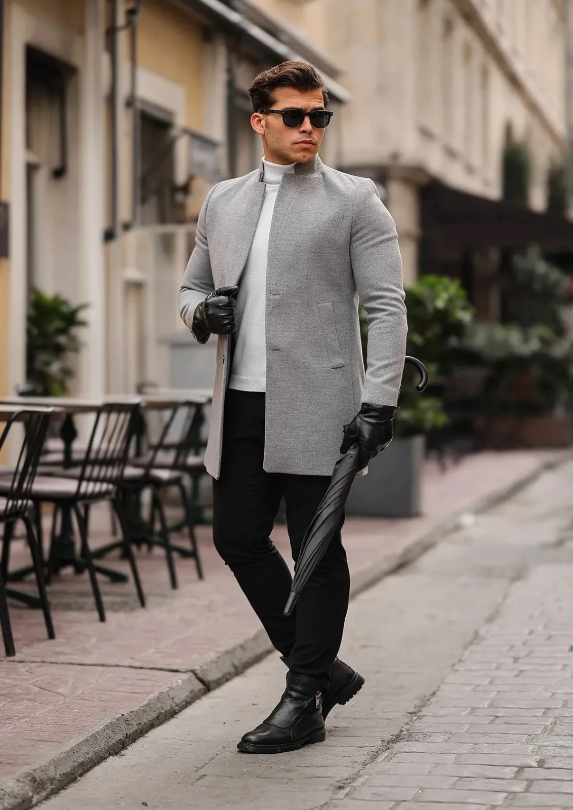 [Adam] Light Grey Single-Breasted Pea Coat 100% Wool