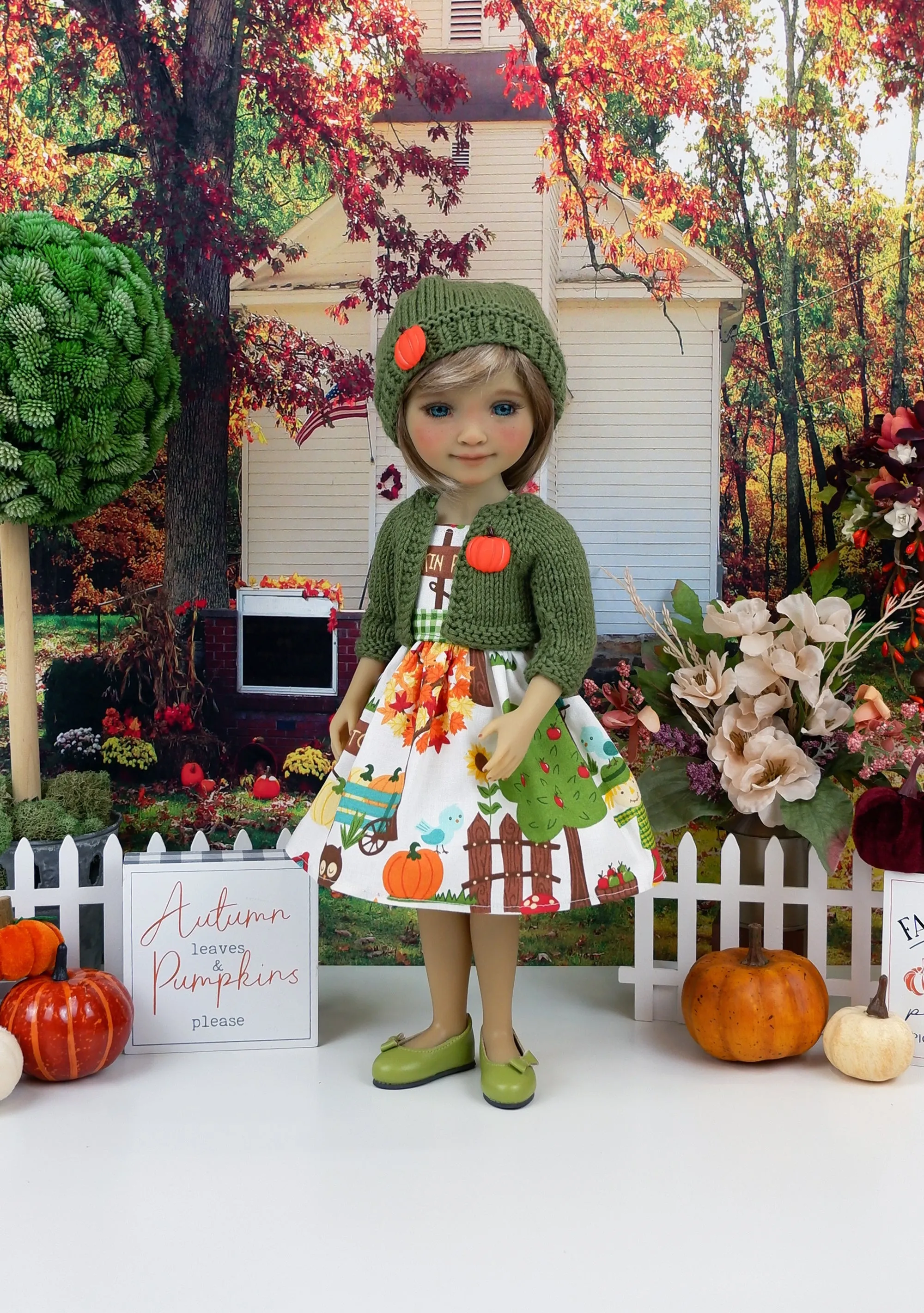 At the Pumpkin Patch - dress and sweater set with shoes for Ruby Red Fashion Friends doll