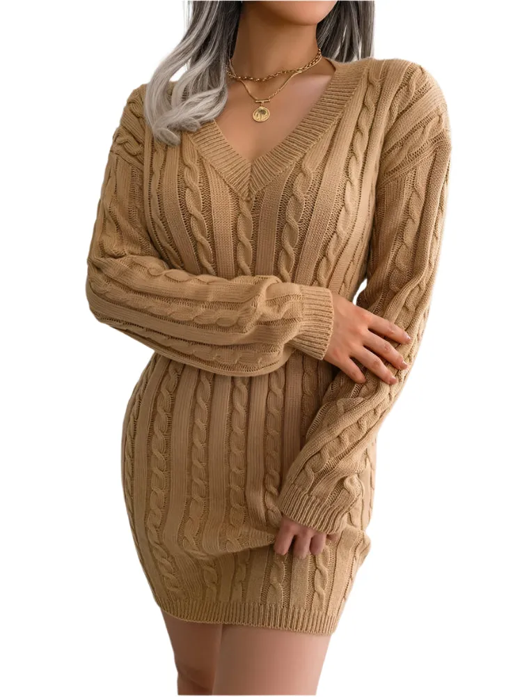 Autumn Winter Cable Knit Bodycon Sweater Dress for Women – Slim Fit V-Neck Long Sleeve Pencil Dress for Club, Party, or Casual Wear