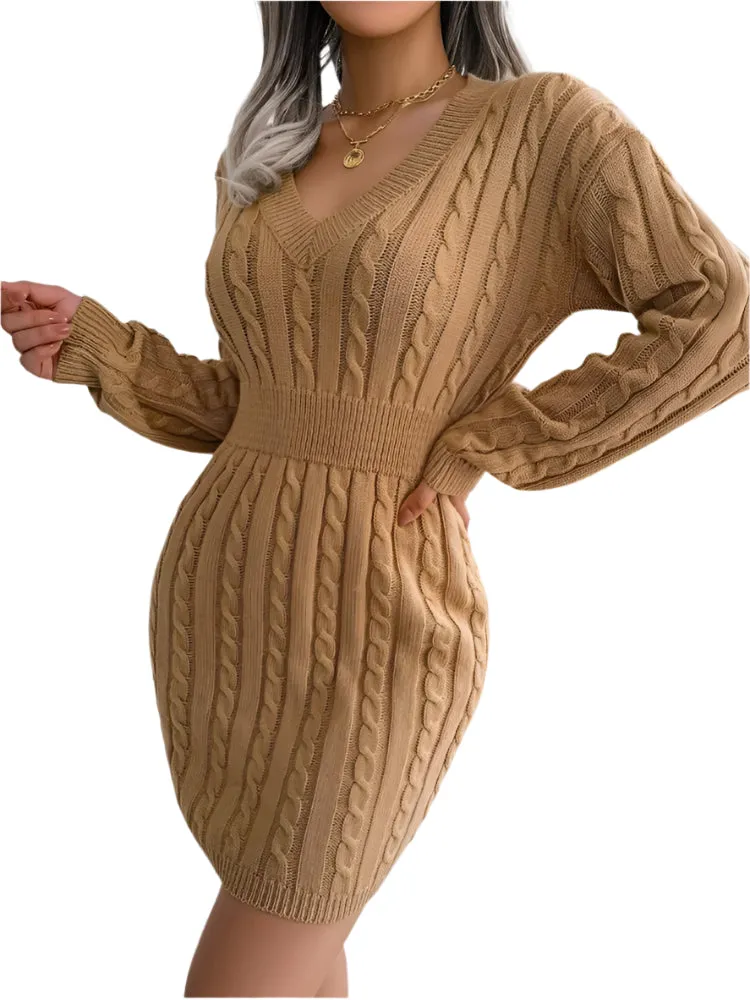 Autumn Winter Cable Knit Bodycon Sweater Dress for Women – Slim Fit V-Neck Long Sleeve Pencil Dress for Club, Party, or Casual Wear
