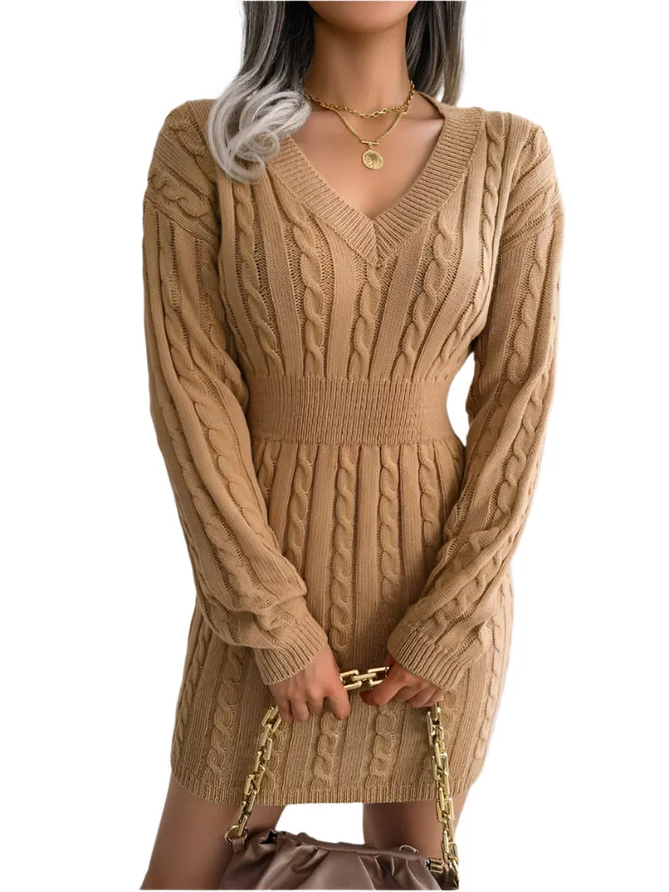 Autumn Winter Cable Knit Bodycon Sweater Dress for Women – Slim Fit V-Neck Long Sleeve Pencil Dress for Club, Party, or Casual Wear