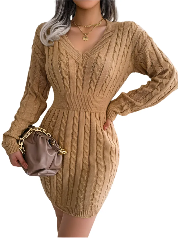 Autumn Winter Cable Knit Bodycon Sweater Dress for Women – Slim Fit V-Neck Long Sleeve Pencil Dress for Club, Party, or Casual Wear