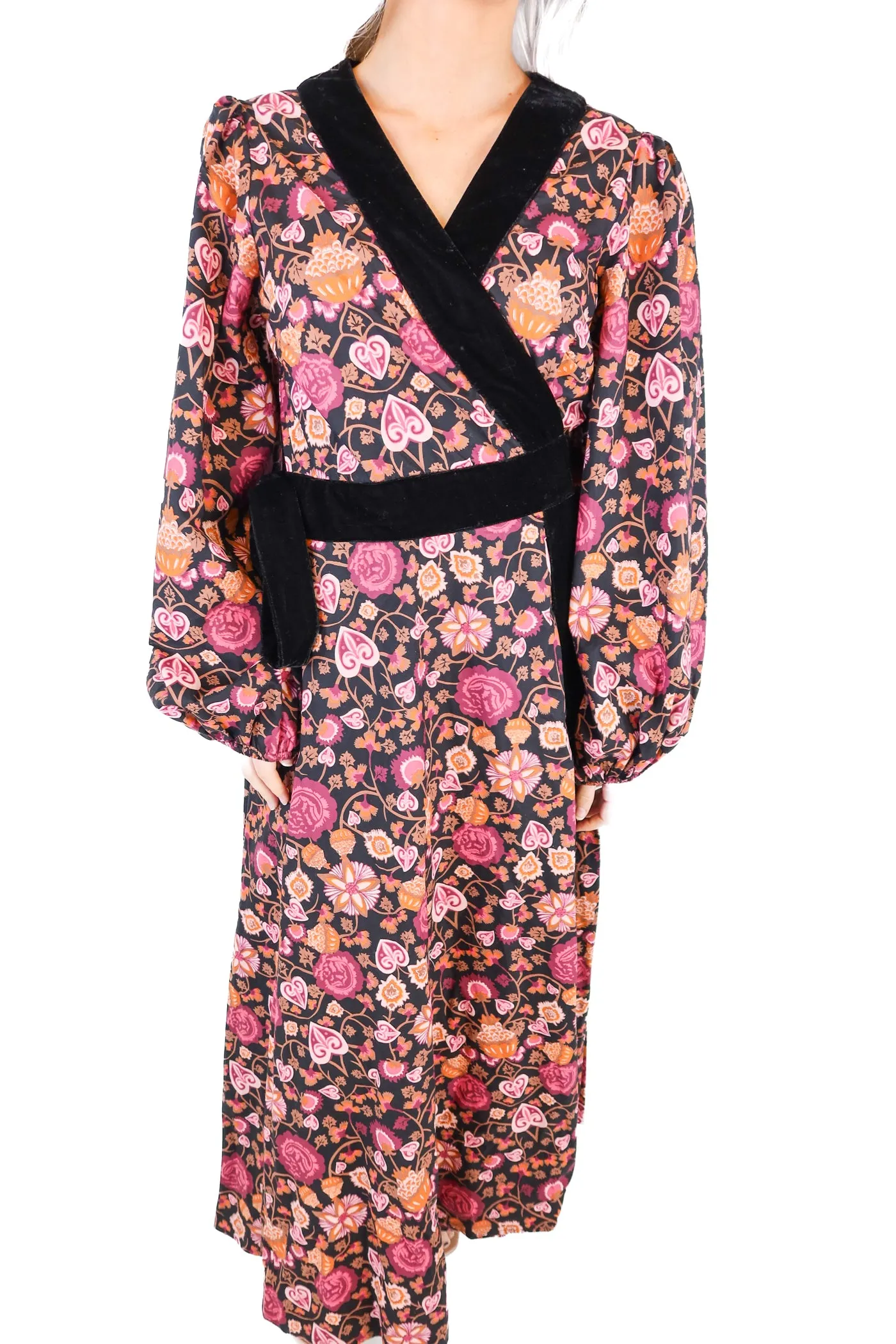 beyond by vera black and purple wrap maxi dress (L; retails for $330)