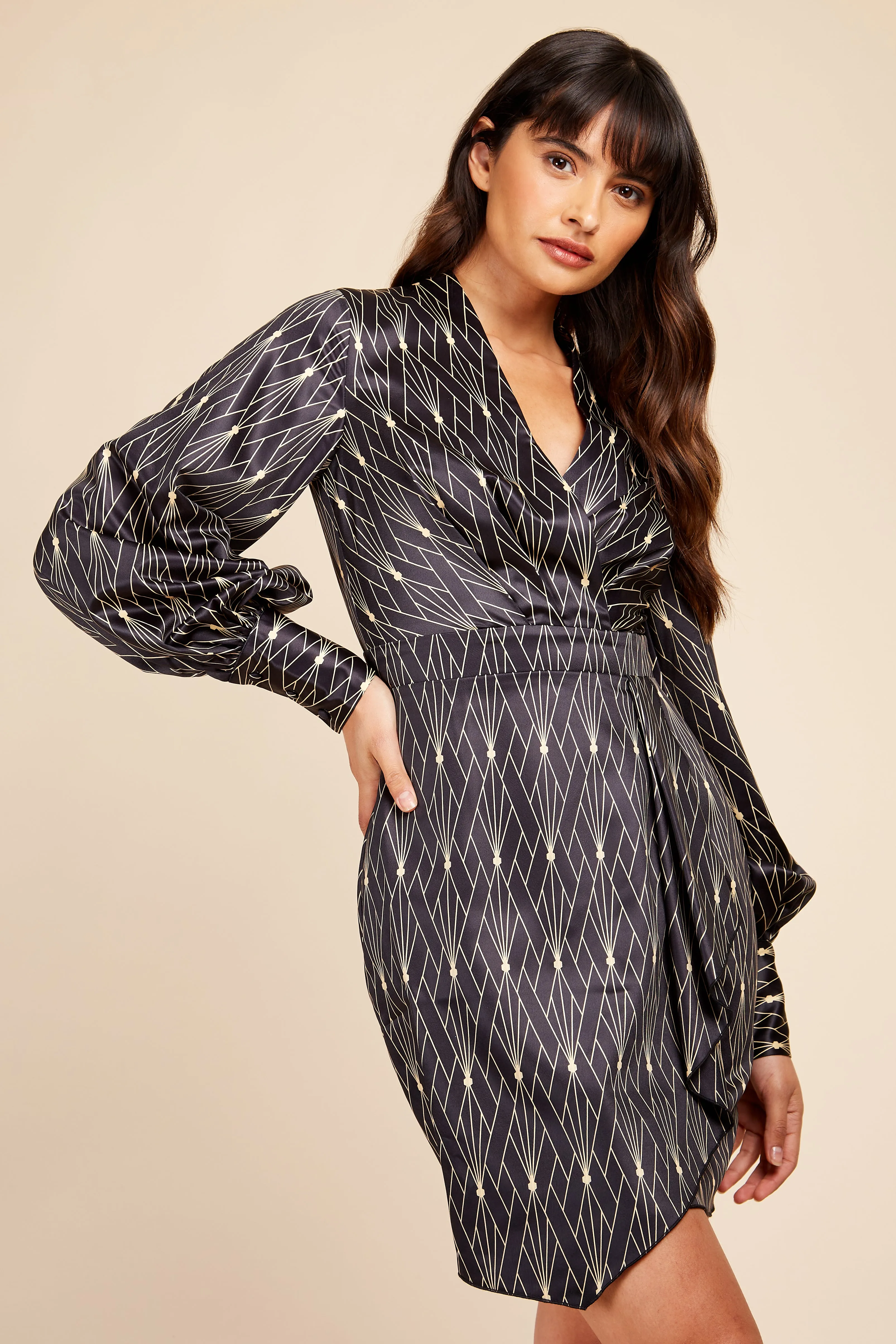 Black Deco Print Mock Wrap Mini Dress