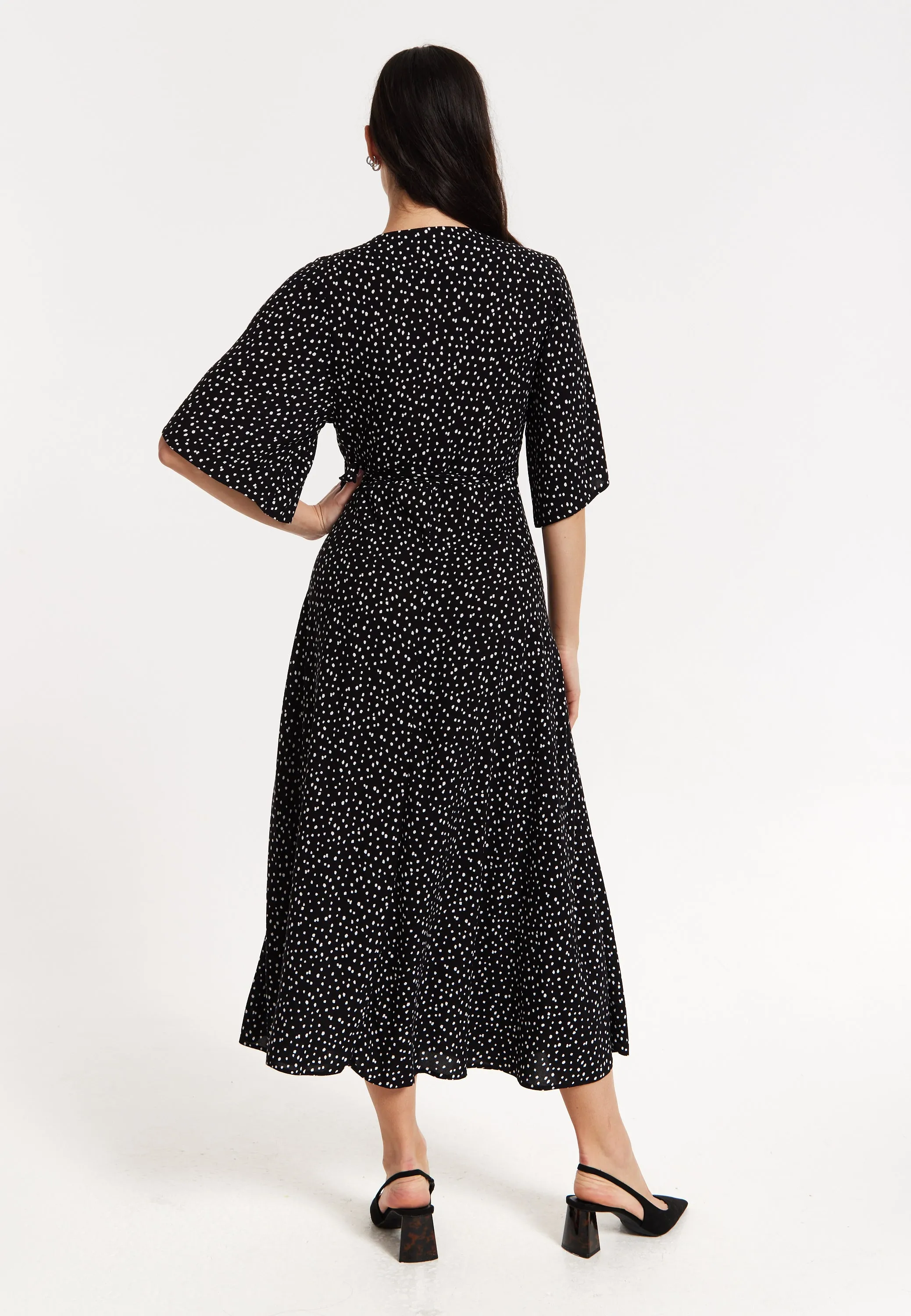 Black Polka Dot Kimono Wrap Maxi Dress