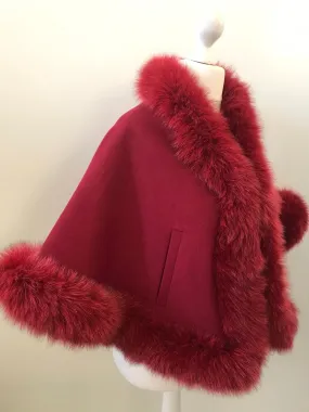 Cherry Short Winter Coat Cape Trim Fox Fur, Women's Poncho Jacket lined, Elegant Women's coat