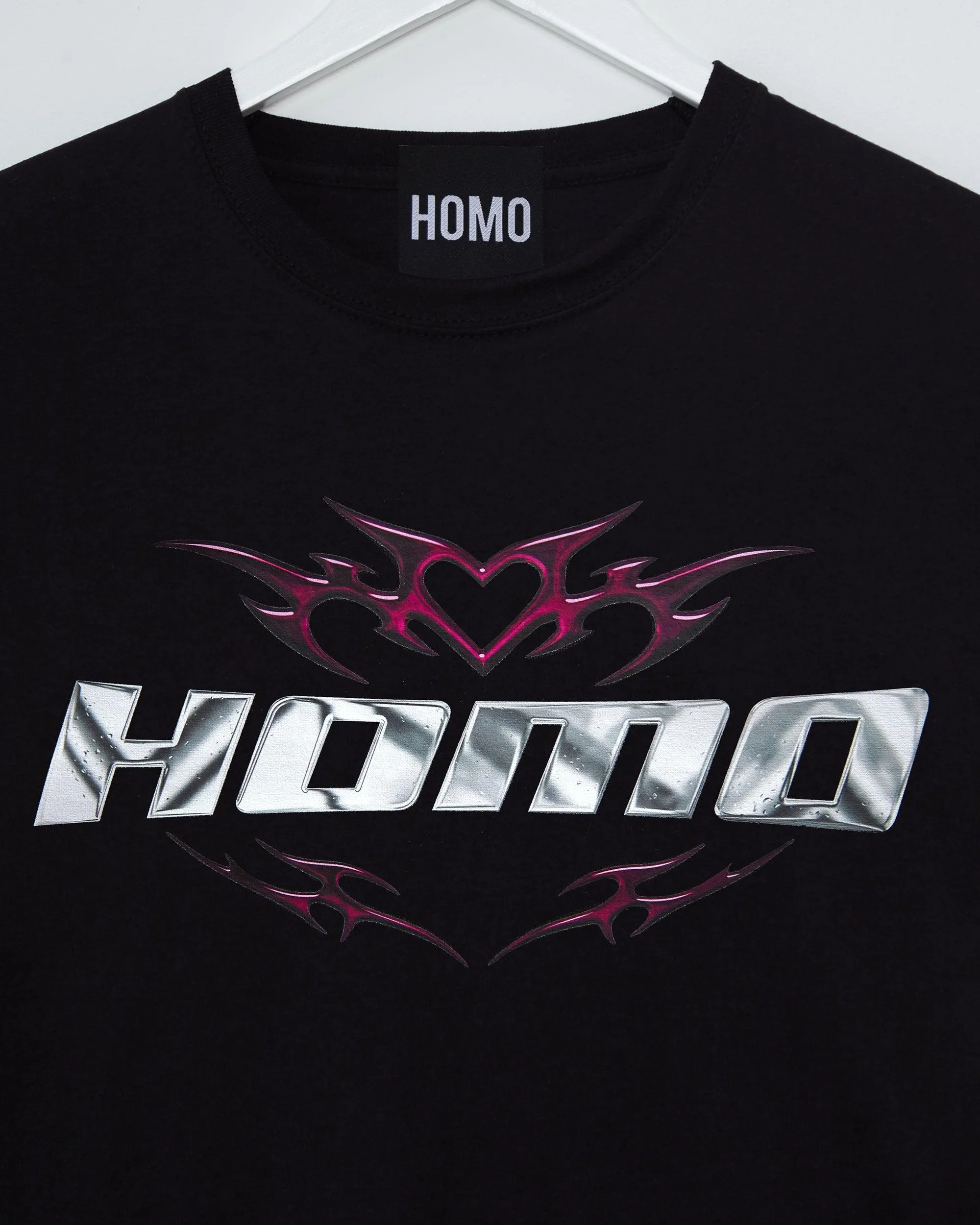 Chrome Y2K: HOMO, silver and pink on black - tee