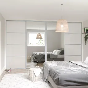 Classic Silver Frame 4 Door Mirror & Pure White Glass Sliding Wardrobe Kit