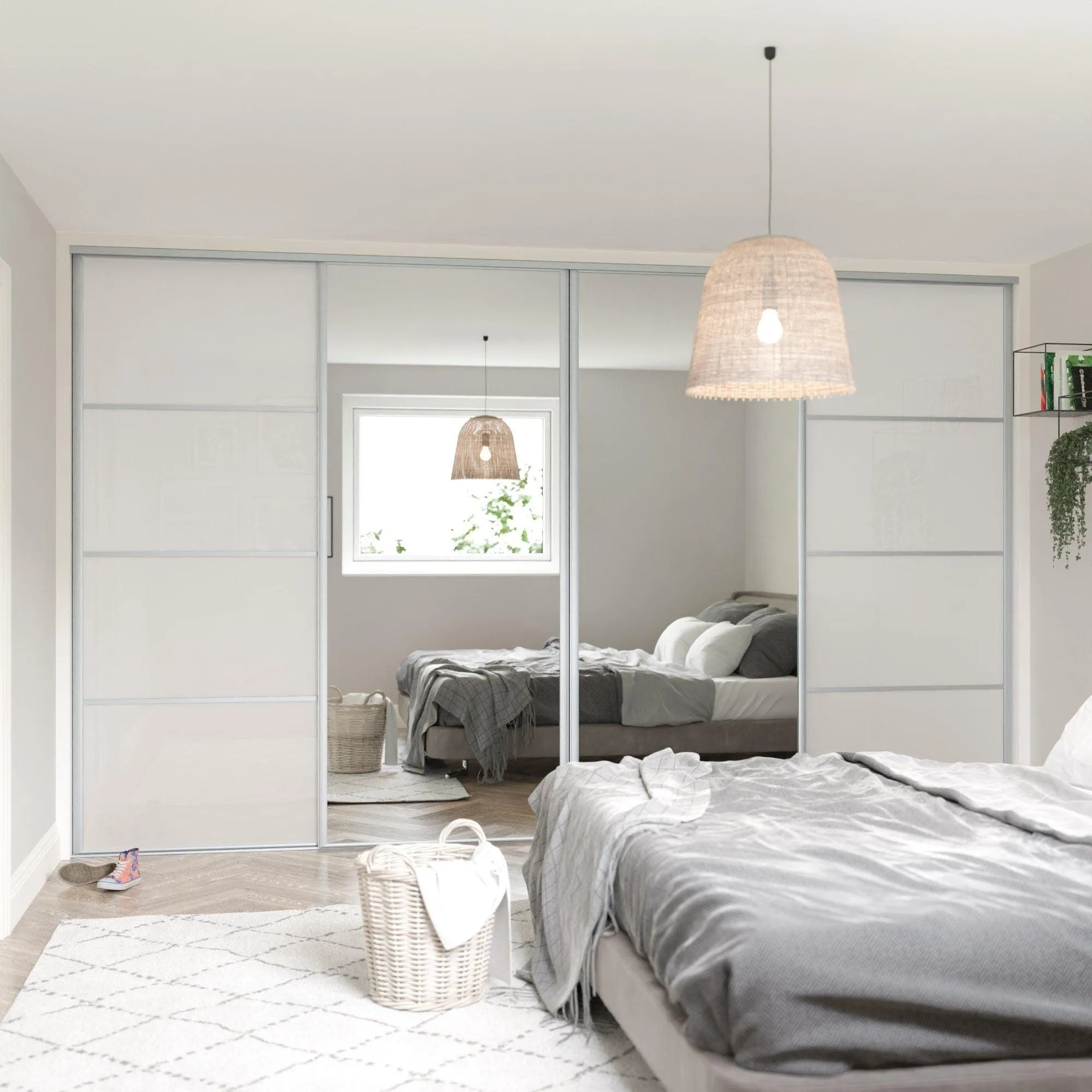 Classic Silver Frame 4 Door Mirror & Pure White Glass Sliding Wardrobe Kit