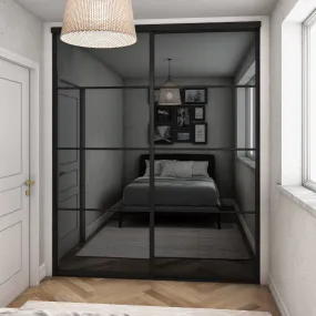 Curve Brushed Black Frame 2 Door Grey Mirror Sliding Wardrobe Kit