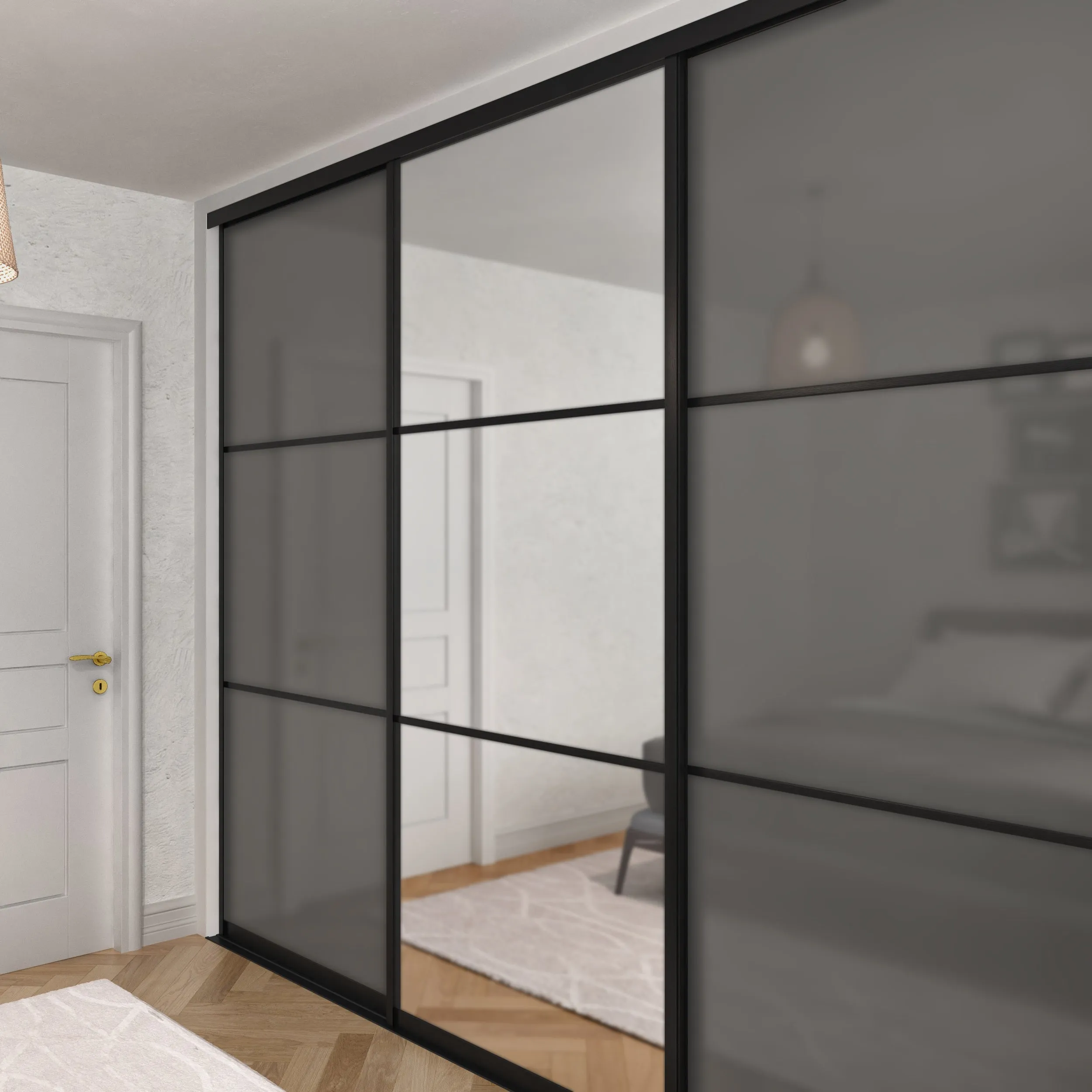 Curve Brushed Black Frame 3 Door Grey Glass Sliding Wardrobe Kit