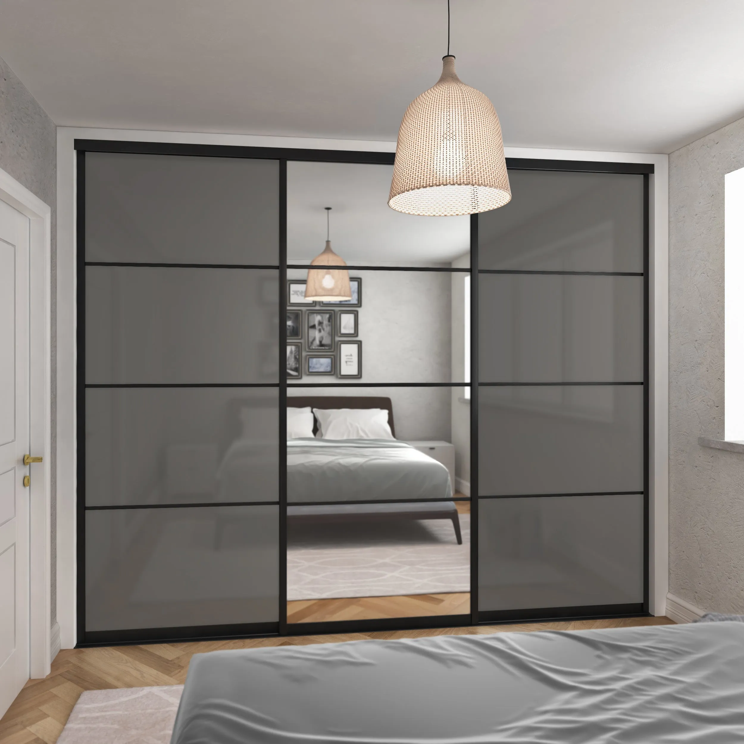 Curve Brushed Black Frame 3 Door Grey Glass Sliding Wardrobe Kit