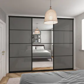 Curve Brushed Black Frame 3 Door Grey Glass Sliding Wardrobe Kit