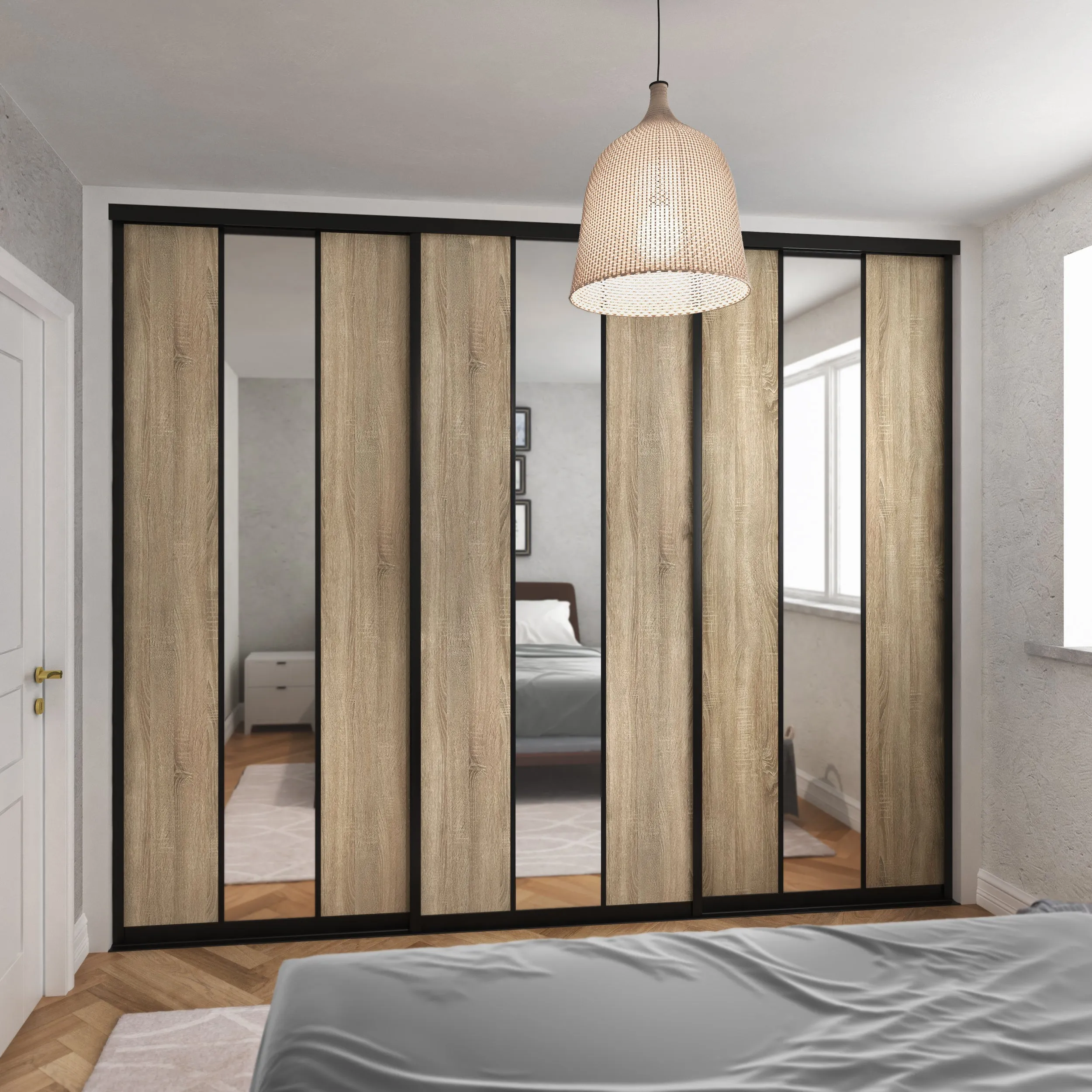 Curve Brushed Black Frame 3 Door Oak Sliding Mirror Wardrobe Kit