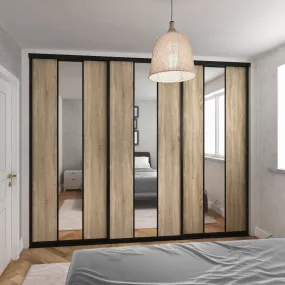 Curve Brushed Black Frame 3 Door Oak Sliding Mirror Wardrobe Kit