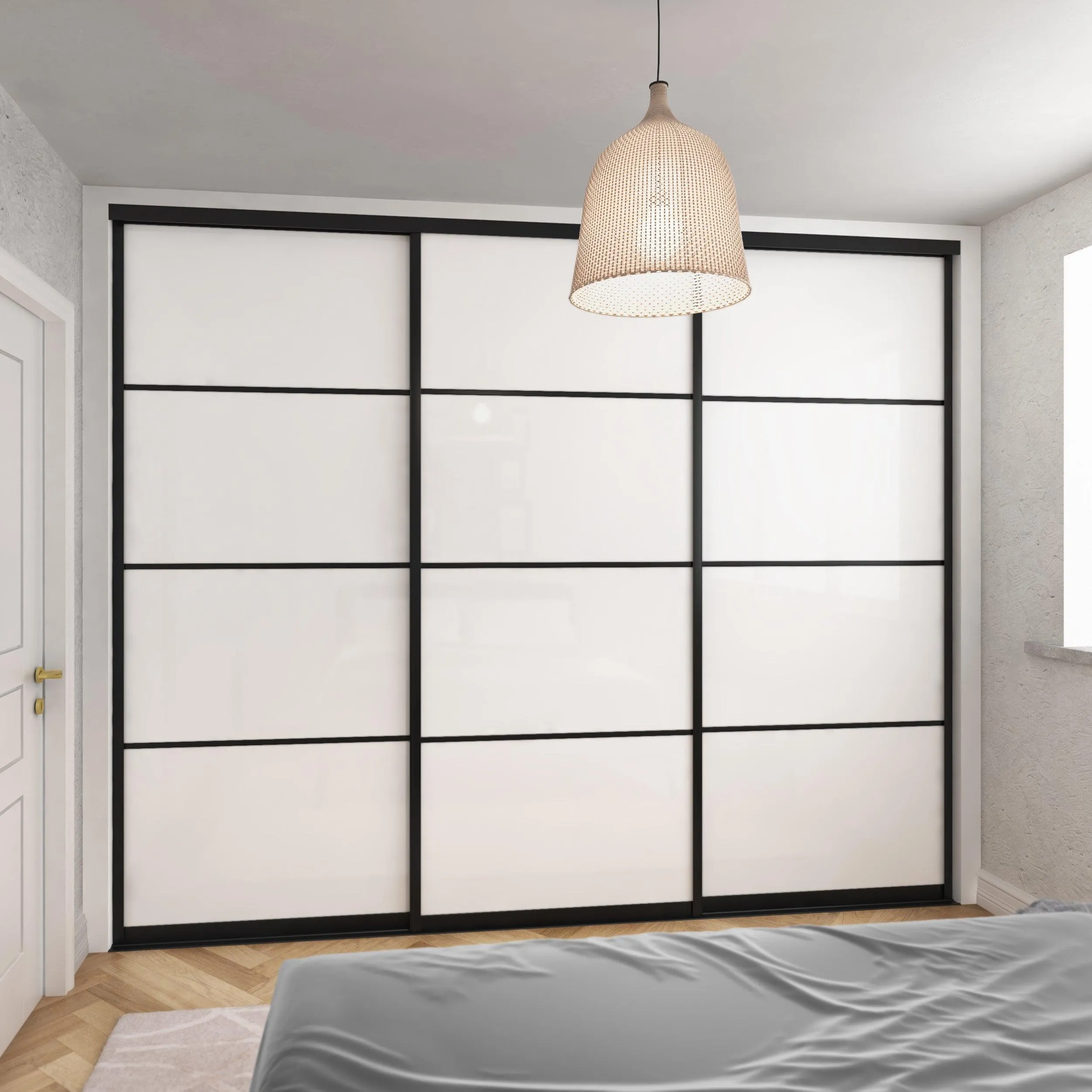 Curve Brushed Black Frame 3 Door White Glass Sliding Wardrobe Kit