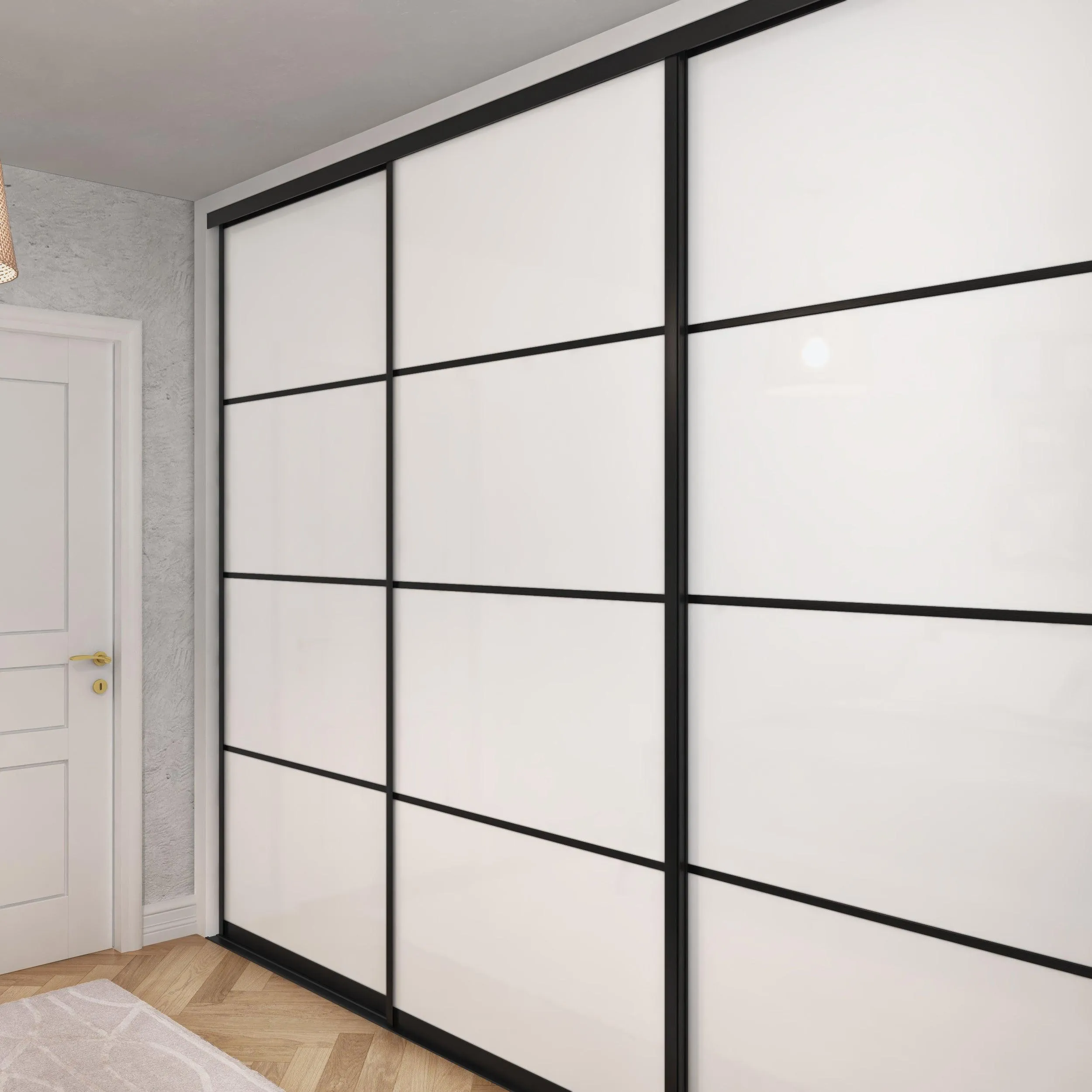 Curve Brushed Black Frame 3 Door White Glass Sliding Wardrobe Kit