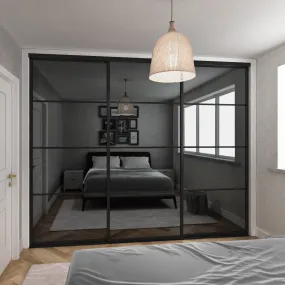 Curve Brushed Black Frame 3 Grey Mirror Door Sliding Wardrobe Kit
