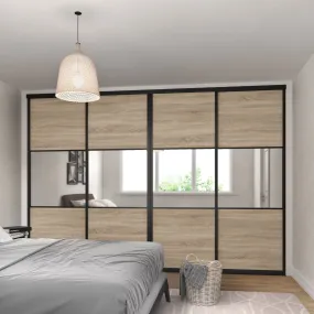 Curve Brushed Black Frame 4 Door Grey Oak Mirror Sliding Wardrobe Kit