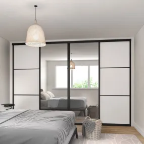 Curve Brushed Black Frame 4 Door Grey Wood Mirror Sliding Wardrobe Kit