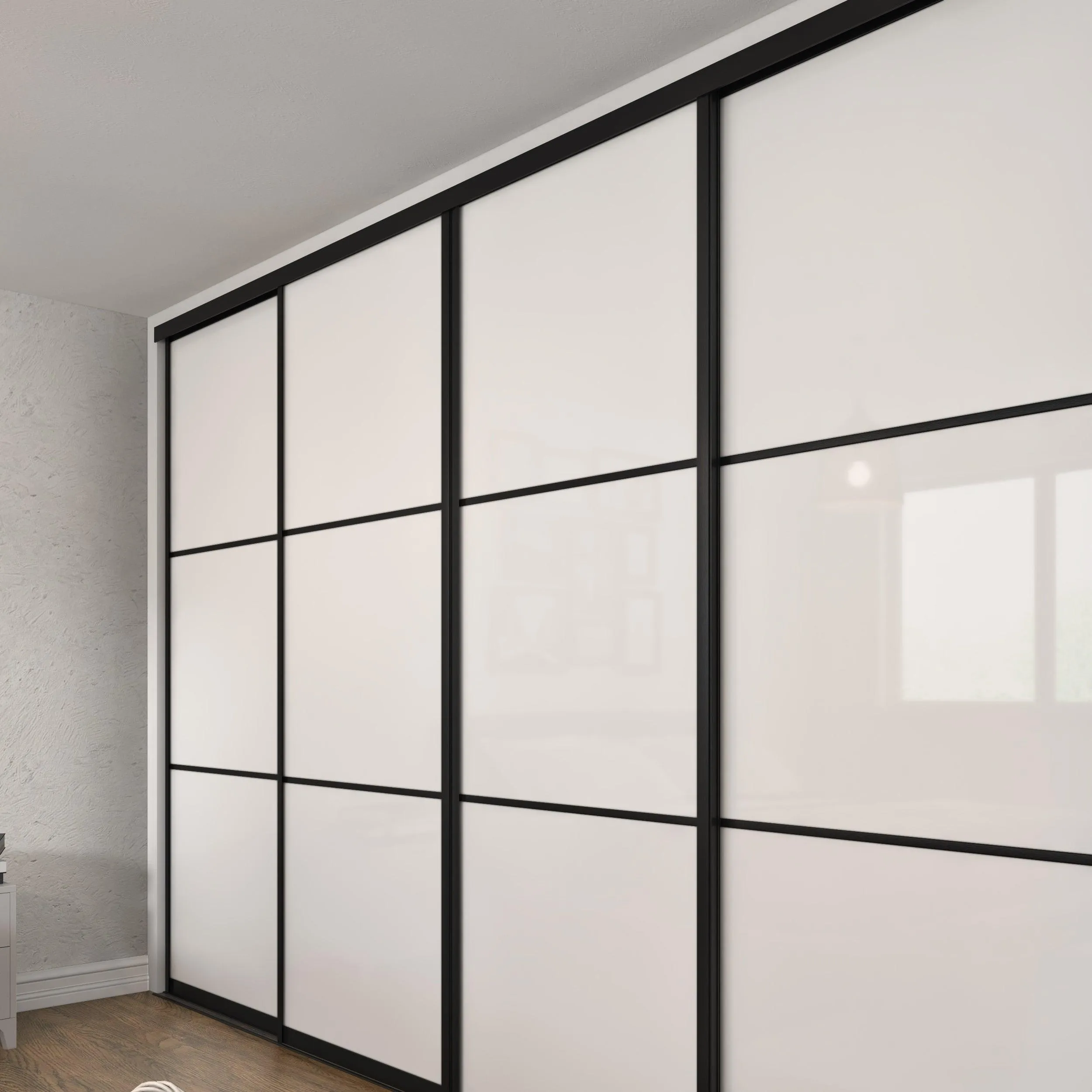 Curve Brushed Black Frame 4 Door White Glass Sliding Wardrobe Kit