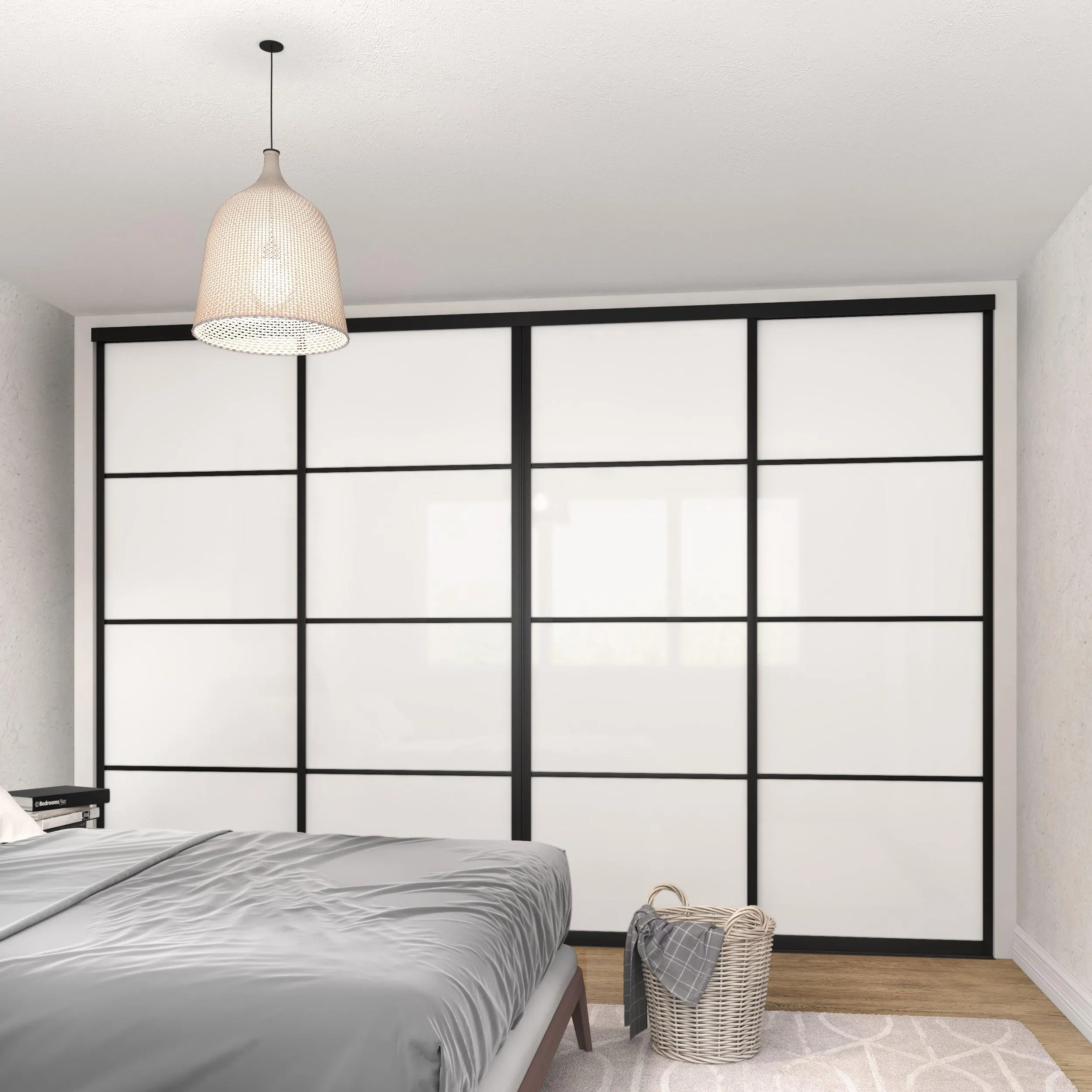 Curve Brushed Black Frame 4 Door White Glass Sliding Wardrobe Kit
