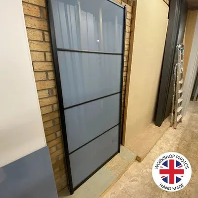 Curve Brushed Black Frame Blue Glass 2 Door Mirror Sliding Wardrobe Kit