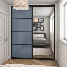 Curve Brushed Black Frame Blue Glass 2 Door Mirror Sliding Wardrobe Kit