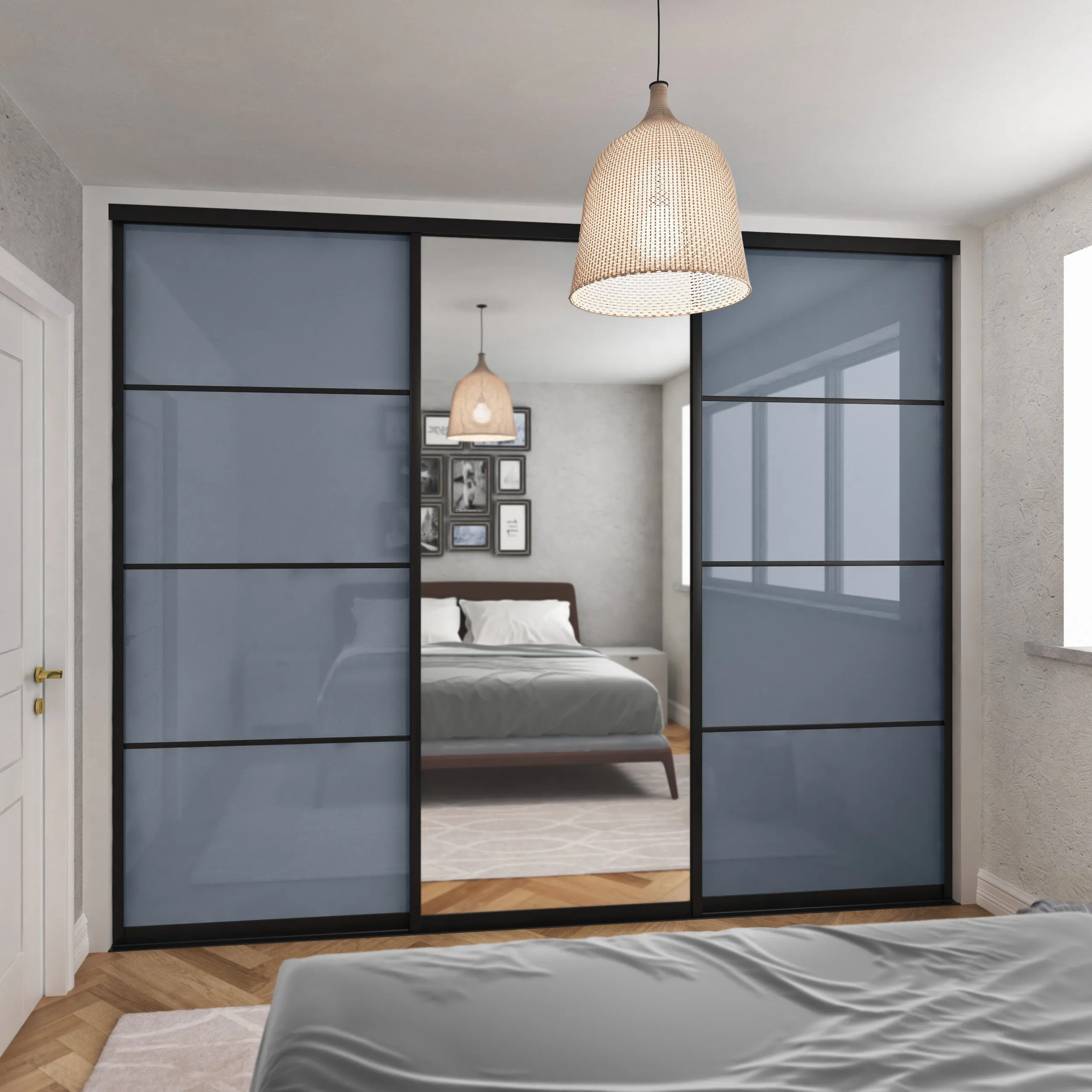 Curve Brushed Black Frame Blue Glass 3 Door Mirror Sliding Wardrobe Kit