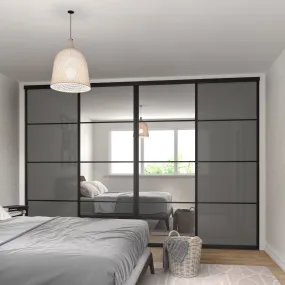 Curve Brushed Black Frame Grey Glass 4 Door Mirror Sliding Wardrobe Kit