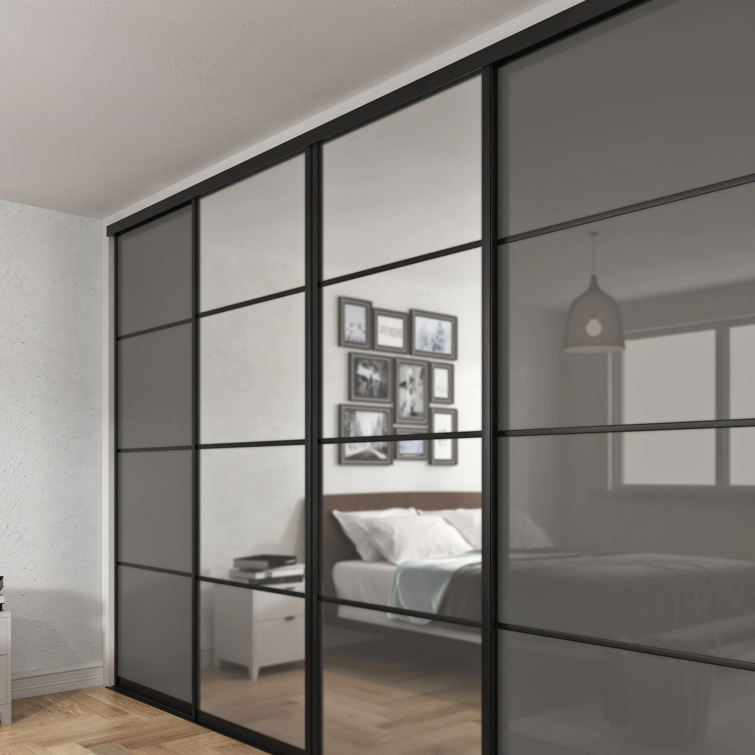 Curve Brushed Black Frame Grey Glass 4 Door Mirror Sliding Wardrobe Kit