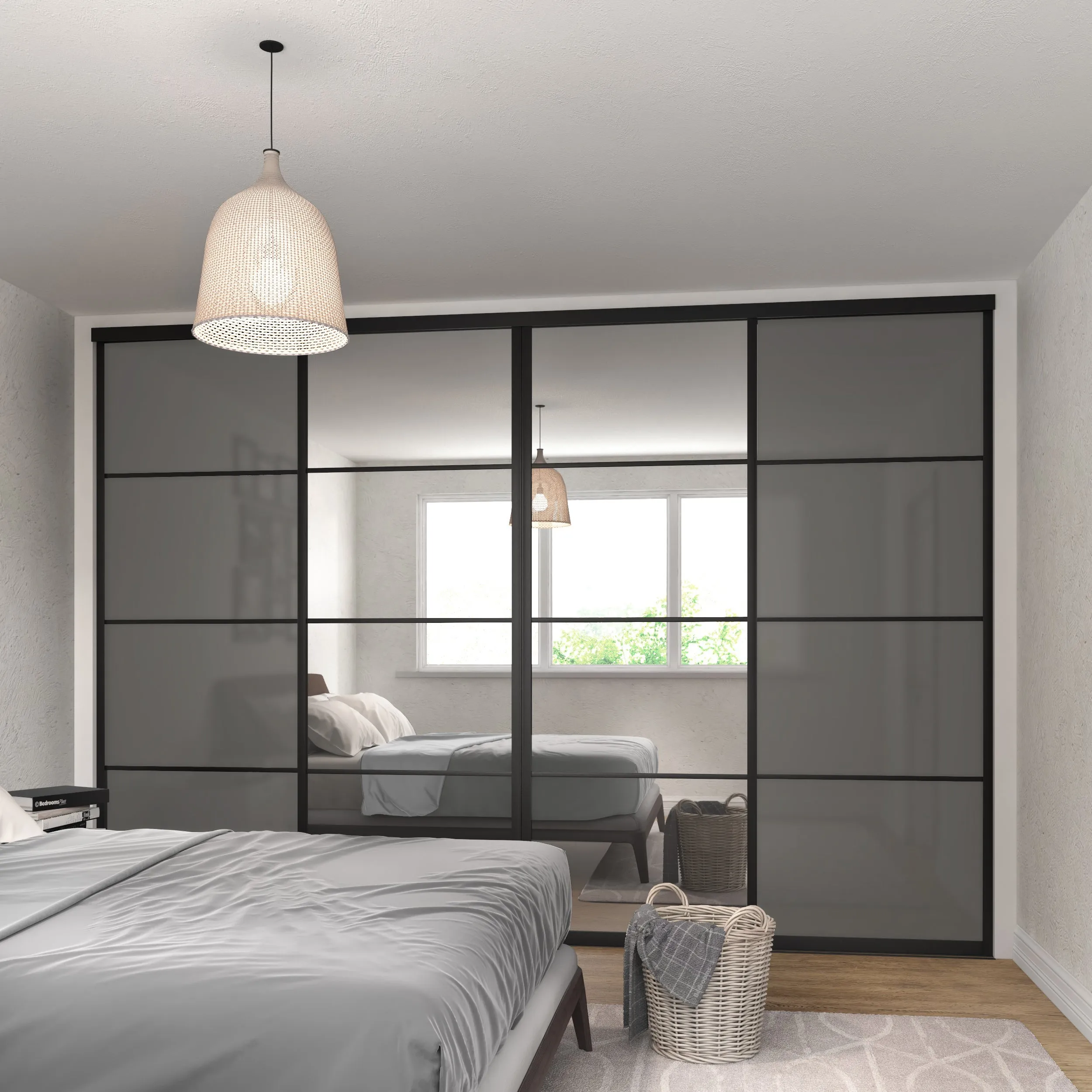 Curve Brushed Black Frame Grey Glass 4 Door Mirror Sliding Wardrobe Kit