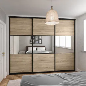 Curve Brushed Black Frame Grey Oak 3 Door Mirror Sliding Wardrobe Kit