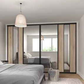 Curve Brushed Black Frame Grey Oak 4 Door Mirror Sliding Wardrobe Kit