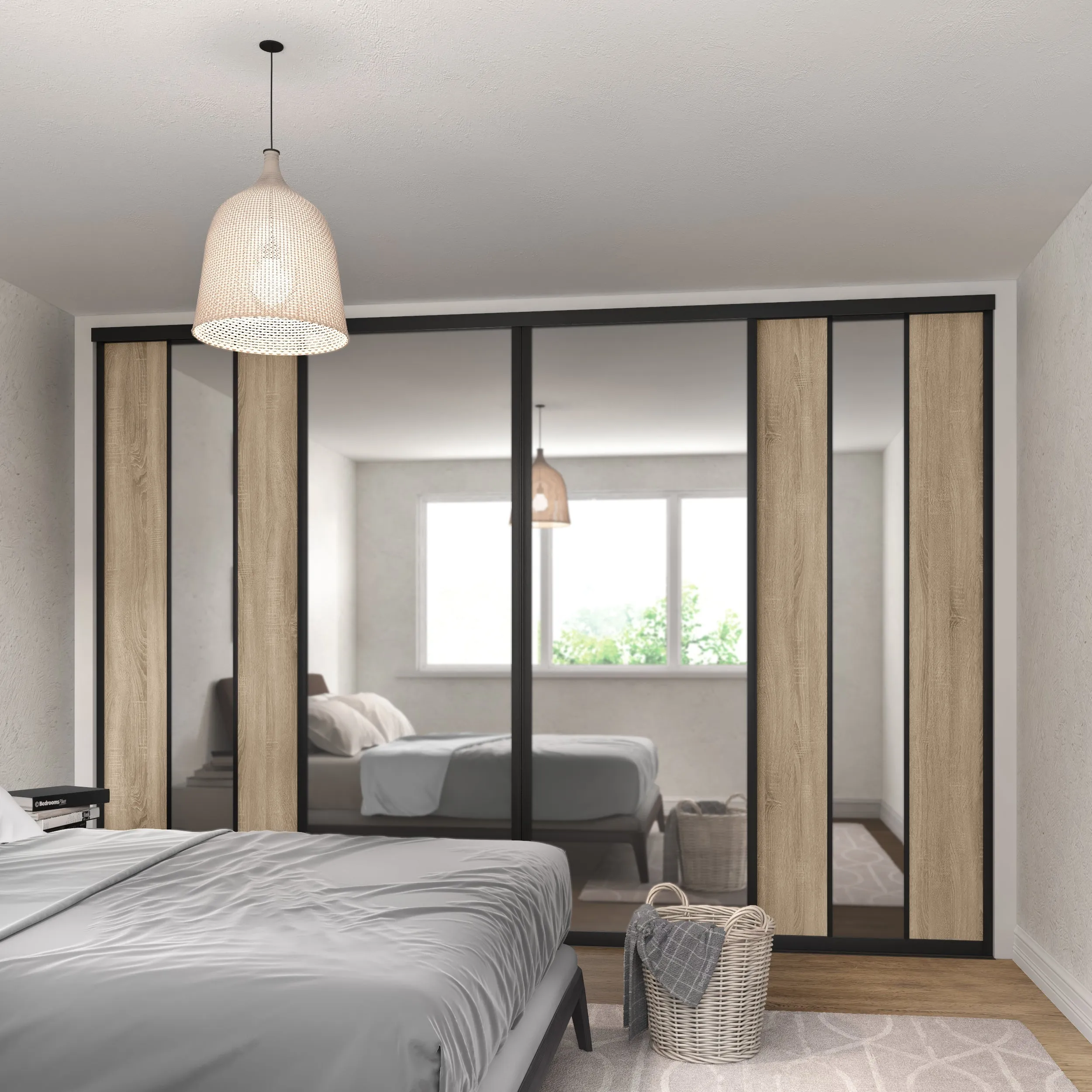 Curve Brushed Black Frame Grey Oak 4 Door Mirror Sliding Wardrobe Kit