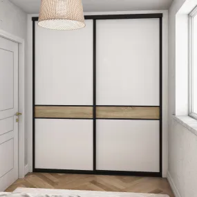 Curve Brushed Black Frame Oak 2 Door White Glass Sliding Wardrobe Kit