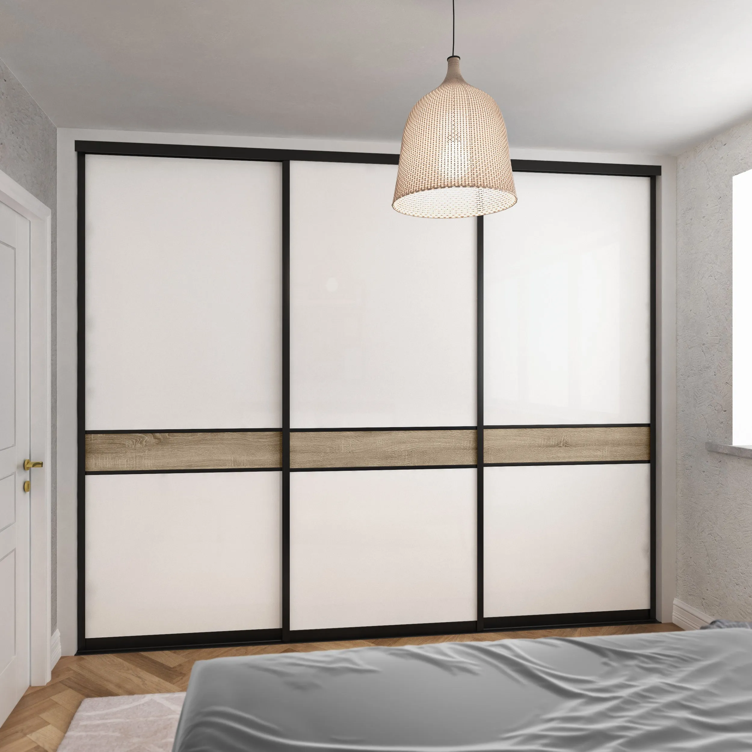 Curve Brushed Black Frame Oak 3 Door White Glass Sliding Wardrobe Kit
