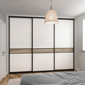 Curve Brushed Black Frame Oak 3 Door White Glass Sliding Wardrobe Kit