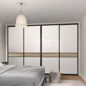 Curve Brushed Black Frame Oak 4 Door White Glass Sliding Wardrobe Kit