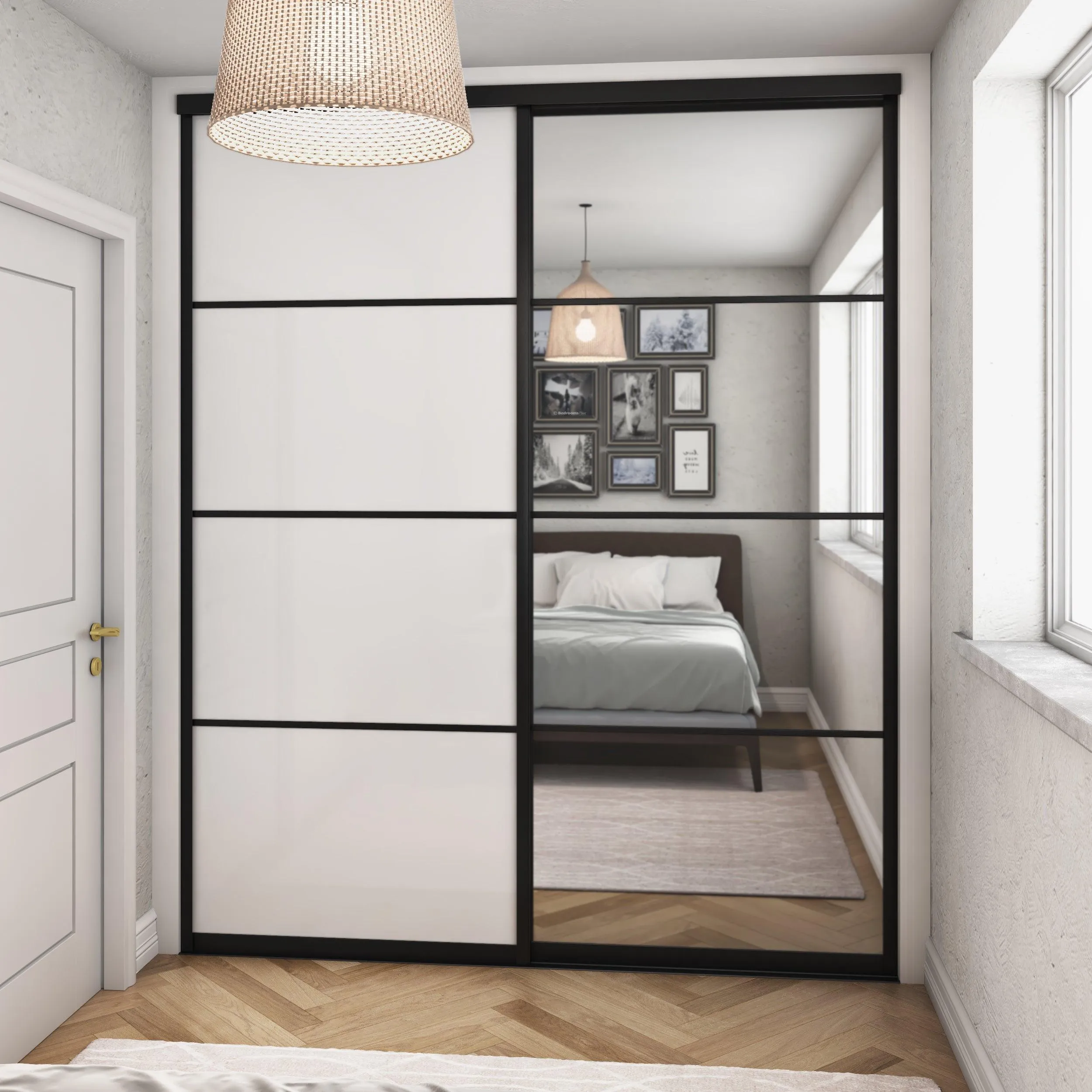 Curve Brushed Black Frame White Glass 2 Door Mirror Sliding Wardrobe Kit
