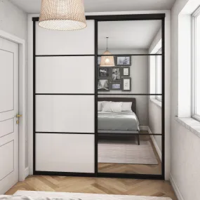 Curve Brushed Black Frame White Glass 2 Door Mirror Sliding Wardrobe Kit