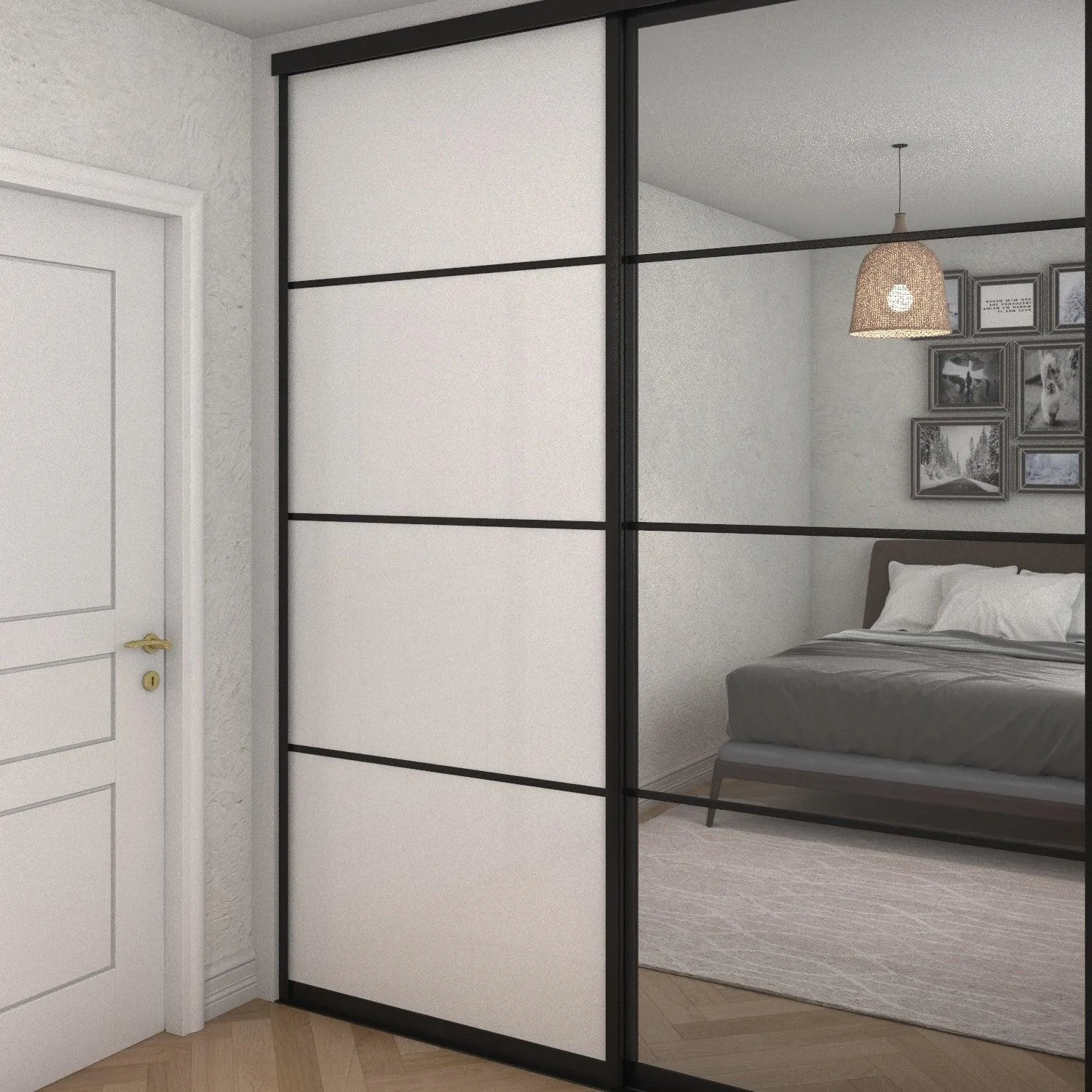 Curve Brushed Black Frame White Glass 2 Door Mirror Sliding Wardrobe Kit