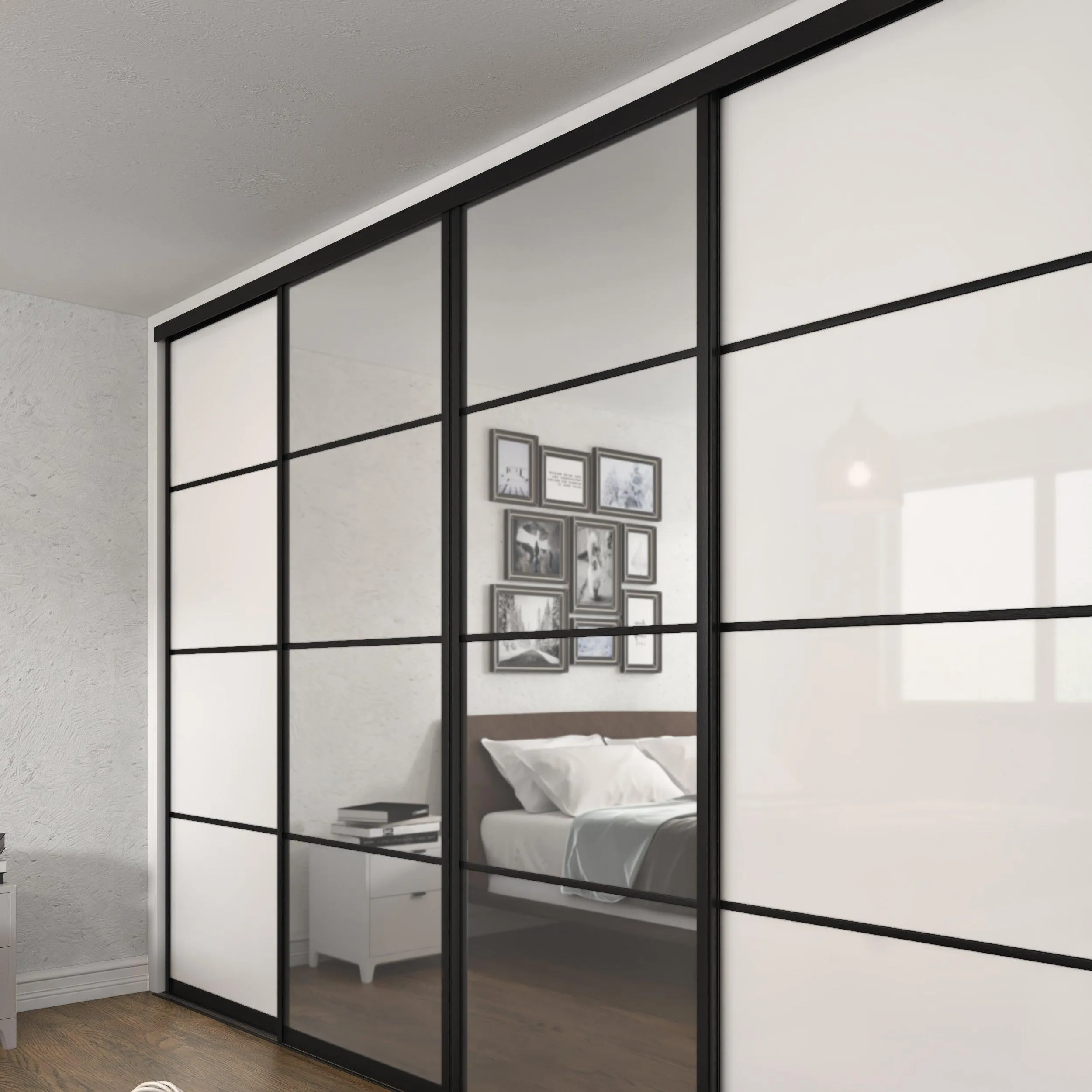 Curve Brushed Black Frame White Glass 4 Door Mirror Sliding Wardrobe Kit