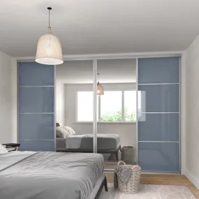 Curve Satin Silver Frame 4 Blue Door Mirror Sliding Wardrobe Kit