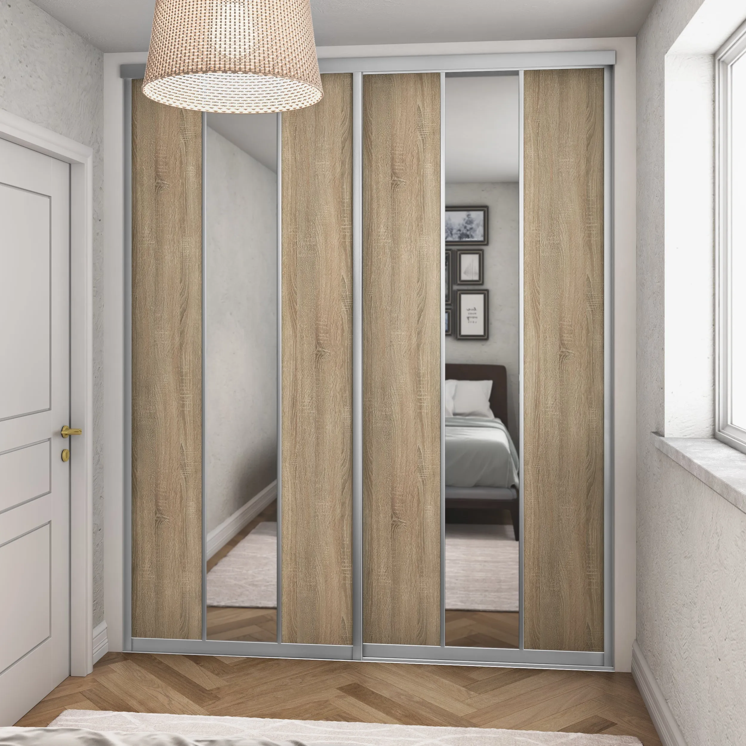 Curve Satin Silver Frame Oak 2 Door Mirror Sliding Wardrobe Kit